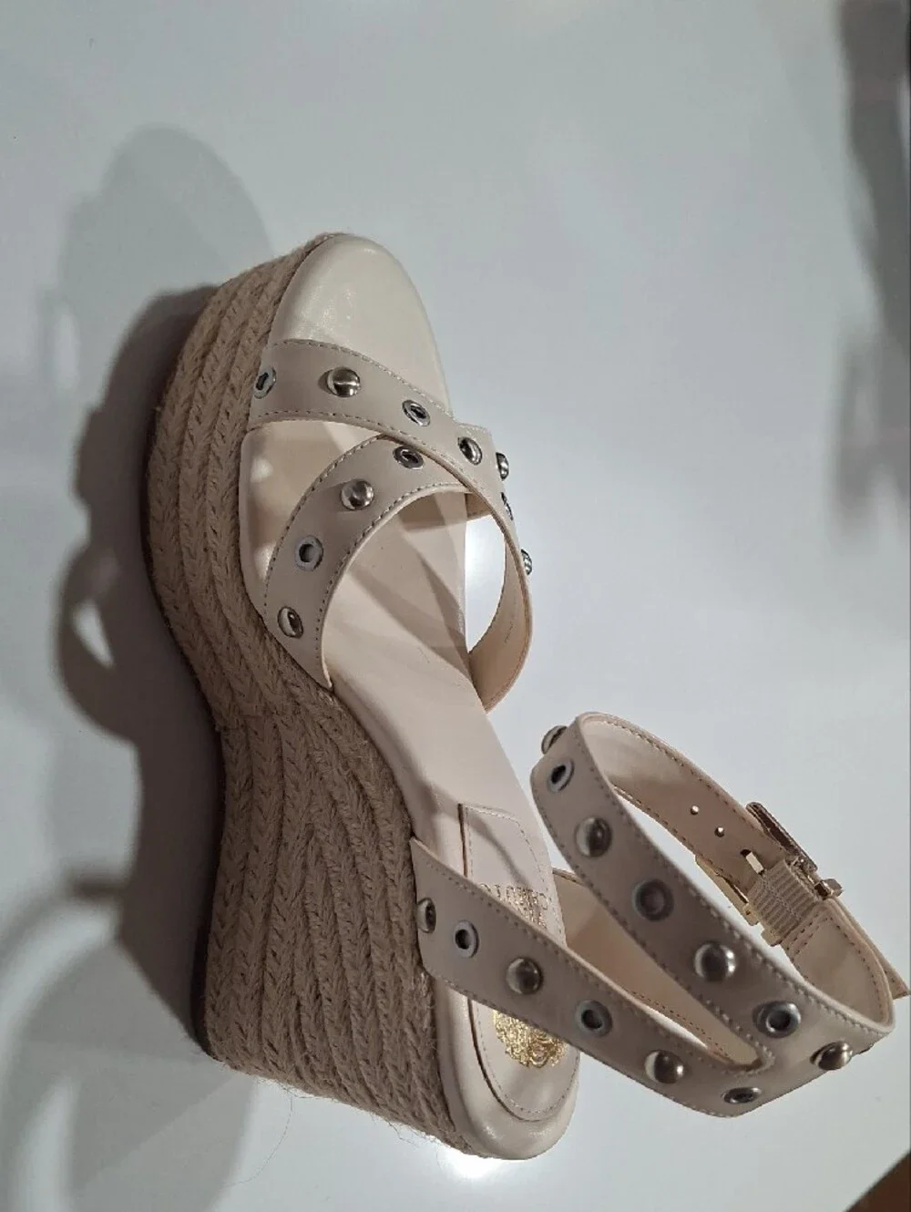 Vince Camuto Cream Studded Ankle-Strap Wedge Sandals